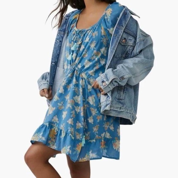 NEW Free People Carmella Mini Dress Blue Floral River Combo Boho Size XS - Picture 2 of 15